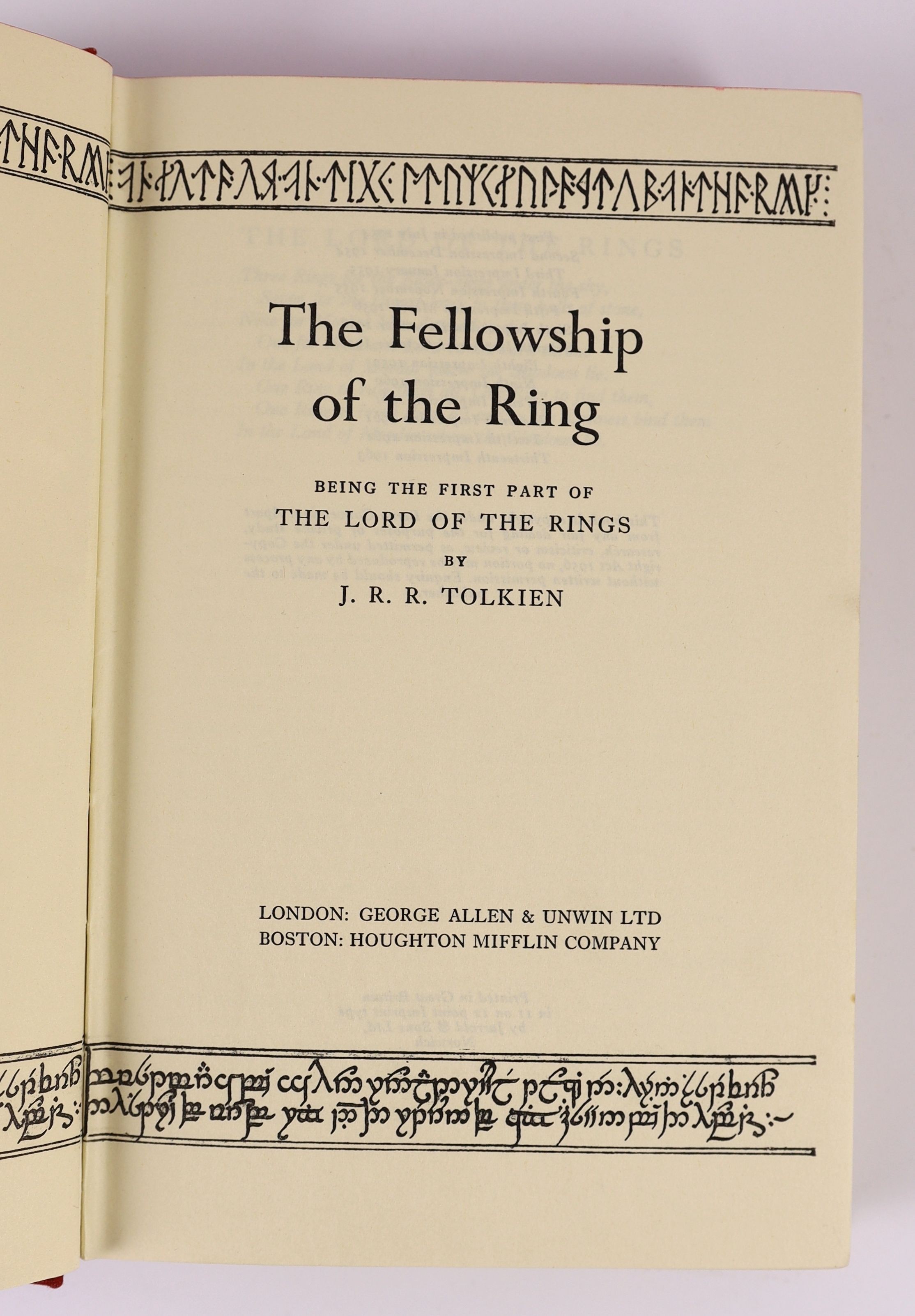 Tolkien, J.R.R - The Lord of the Rings, 3 vols, 8vo, all with d/j’s, 13th impression of Fellowship, 10th impressions of Towers and Return, London, George Allen and Unwin, London, 1963